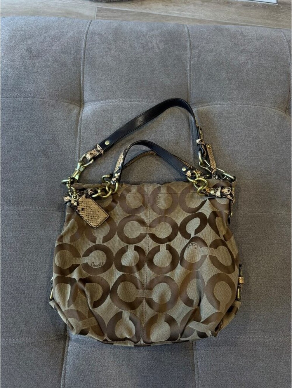 Coach Madison Op Art Sateen Python Trim Hobo Bag Khaki